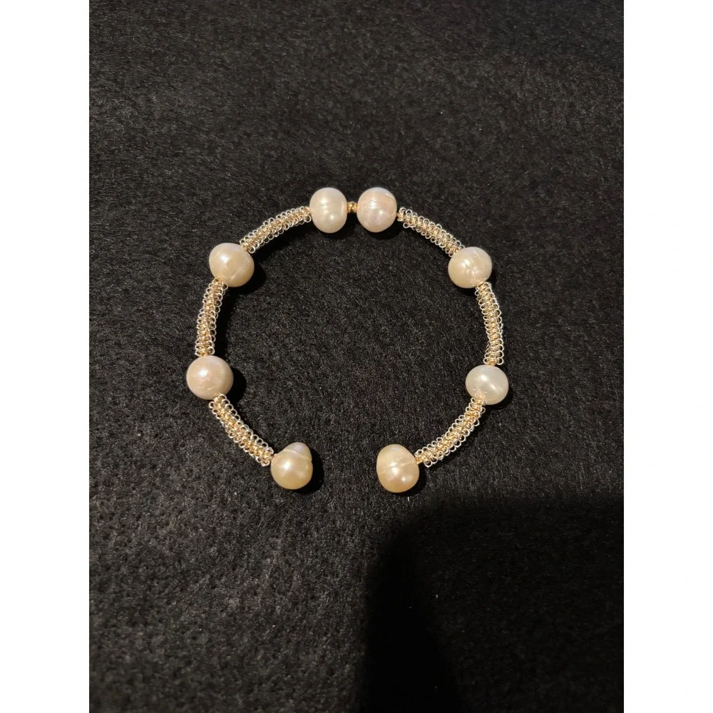 Natural Freshwater Pearl Gold Tone Woven Mesh Open Cuff Bracelet